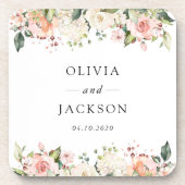 Roze bloemen, witte bloemen, groen, bruiloft bier onderzetter (Voorkant)