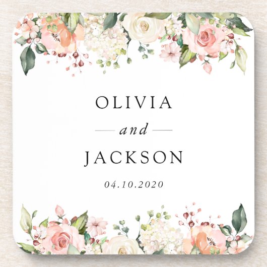 Roze bloemen, witte bloemen, groen, bruiloft bier onderzetter (Voorkant)
