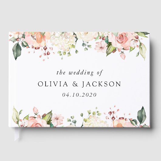 Roze bloemen, witte bloemen, groen, bruiloft gastenboek