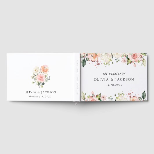 Roze bloemen, witte bloemen, groen, bruiloft gastenboek (Volledig)