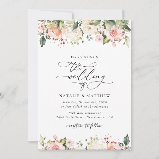 Roze bloemen, witte bloemen, groen, bruiloft kaart (Voorkant)