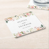 Roze bloemen, witte bloemen, groen, bruiloft kartonnen onderzetters (Schuin)