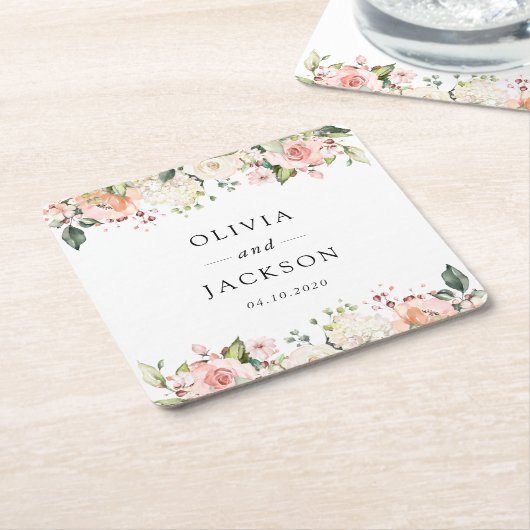 Roze bloemen, witte bloemen, groen, bruiloft kartonnen onderzetters (Schuin)