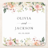 Roze bloemen, witte bloemen, groen, bruiloft kartonnen onderzetters (Voorkant)