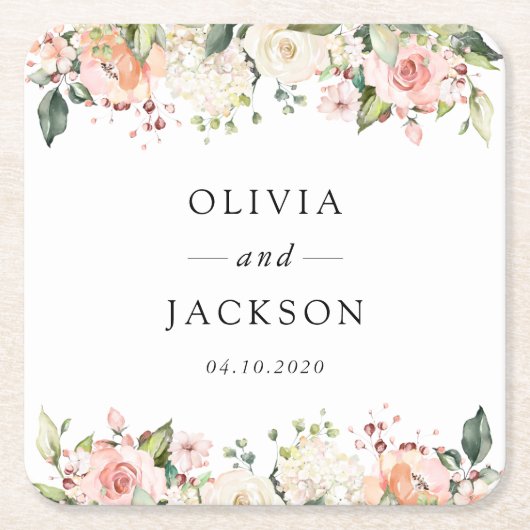 Roze bloemen, witte bloemen, groen, bruiloft kartonnen onderzetters (Voorkant)
