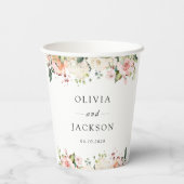 Roze bloemen, witte bloemen, groen, bruiloft papieren bekers (Achterkant)