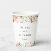 Roze bloemen, witte bloemen, groen, bruiloft papieren bekers (Voorkant)