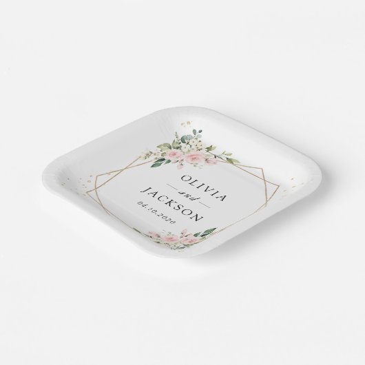 Roze bloemen, witte bloemen, groen, bruiloft papieren bordje (Gebogen)
