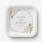 Roze bloemen, witte bloemen, groen, bruiloft papieren bordje (Voorkant)