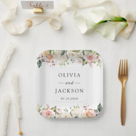Roze bloemen, witte bloemen, groen, bruiloft papieren bordje