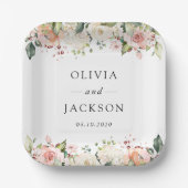 Roze bloemen, witte bloemen, groen, bruiloft papieren bordje (Voorkant)