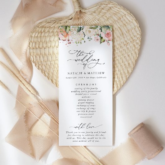 Roze bloemen, witte bloemen, groen, bruiloft programmakaart