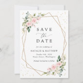 Roze bloemen, witte bloemen, groen, bruiloft save the date (Voorkant)