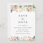 Roze bloemen, witte bloemen, groen, bruiloft save the date (Voorkant)