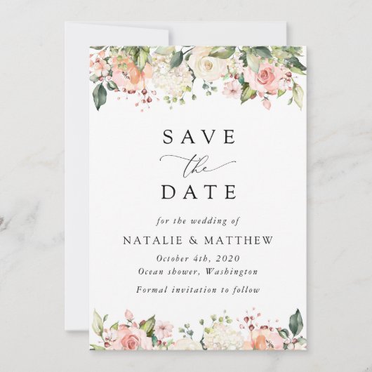 Roze bloemen, witte bloemen, groen, bruiloft save the date (Voorkant)