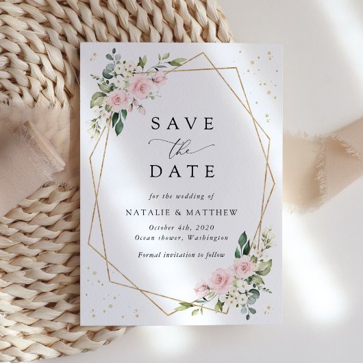Roze bloemen, witte bloemen, groen, bruiloft save the date