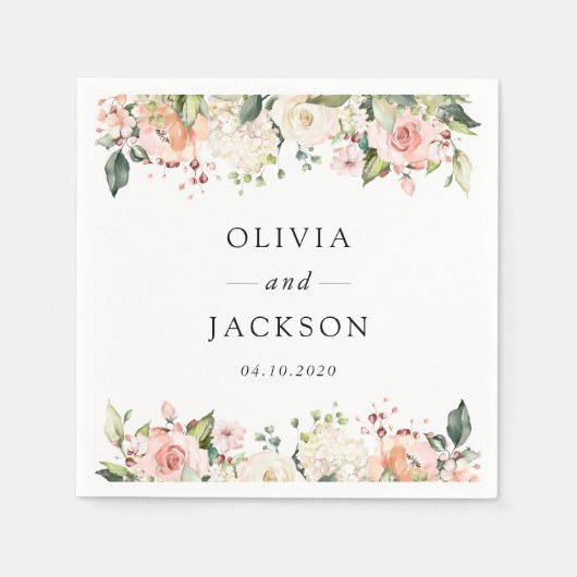 Roze bloemen, witte bloemen, groen, bruiloft servet (Voorkant)