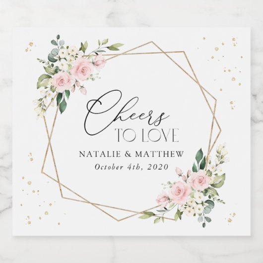 Roze bloemen, witte bloemen, groen, bruiloft sparkling wijnetiket (Enkel label)