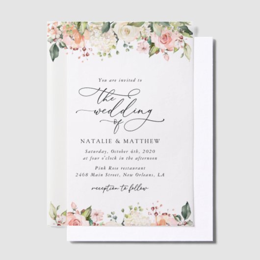 Roze bloemen, witte bloemen, groen, bruiloft vellum uitnodigingen (Offset)