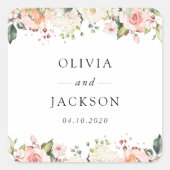 Roze bloemen, witte bloemen, groen, bruiloft vierkante sticker (Voorkant)