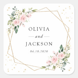 Roze bloemen, witte bloemen, groen, bruiloft vierkante sticker