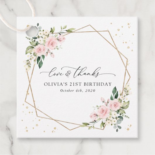 Roze bloemen, witte bloemen, groen, verjaardag bedankjes labels (Voorkant)