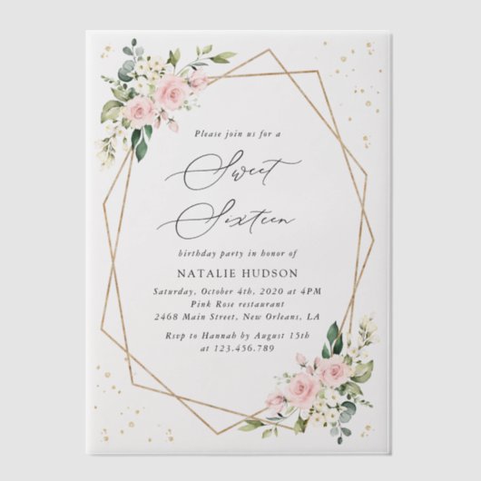 Roze bloemen, witte bloemen, groen, zoet 16 vellum uitnodigingen (Voorkant)