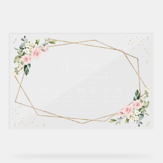 Roze Bloemen, Witte Bloemen, Huwelijkstijdlijn Acryl Bord (Voorkant)