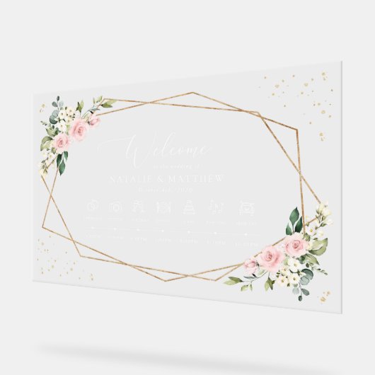 Roze Bloemen, Witte Bloemen, Huwelijkstijdlijn Acryl Bord (Hoek)