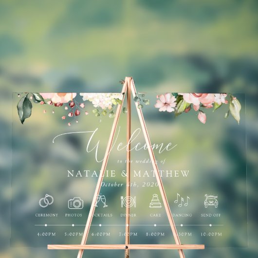 Roze Bloemen, Witte Bloemen, Huwelijkstijdlijn Acryl Bord (Neutraal)