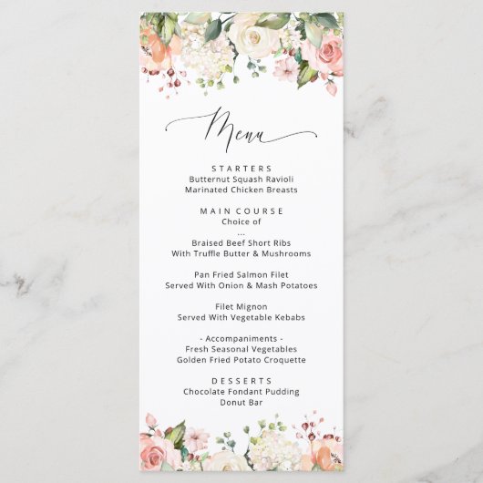 Roze bloemen, Witte bloemen, Menu Vrijgezellenfees (Voorkant)