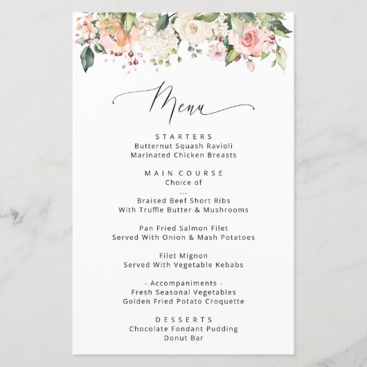 Roze bloemen, Witte bloemen, Menu Vrijgezellenfees (Voorkant)