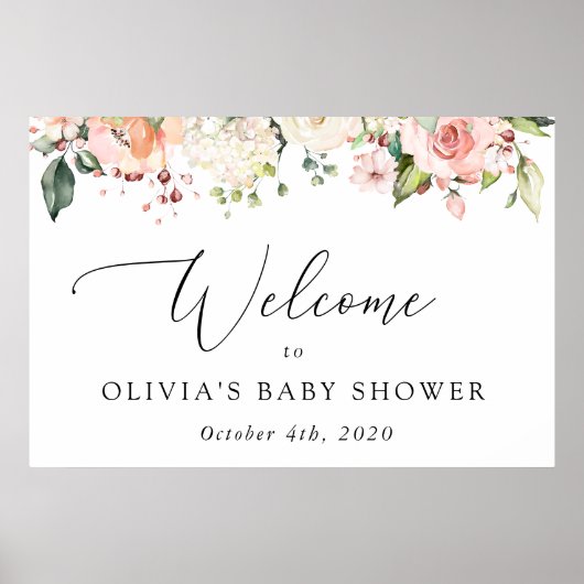 Roze bloemen, Witte bloemen, welkom Baby shower Poster (Voorkant)