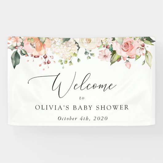 Roze bloemen, Witte bloemen, welkom Baby shower Spandoek (Horizontaal)
