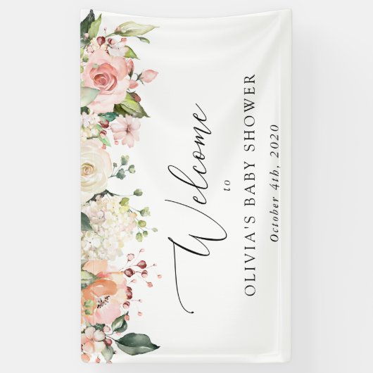 Roze bloemen, Witte bloemen, welkom Baby shower Spandoek (Verticaal)