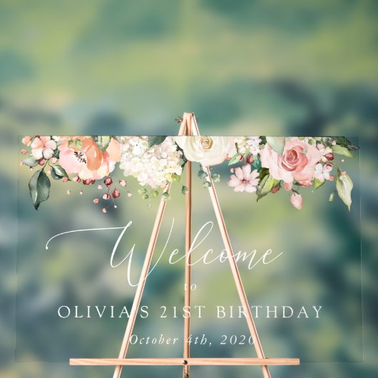 Roze bloemen, Witte bloemen, Welkomstwoord Acryl Bord (Neutraal)