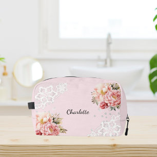 Roze bloemen witte kant toilettasje