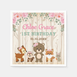 Roze Bloemen Woodland 1e Verjaardag Meisje Baby sh Servet