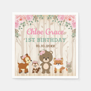 Roze Bloemen Woodland 1e Verjaardag Meisje Baby sh Servet