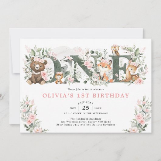 Roze Bloemen Woodland Dieren 1e verjaardag Meisje Kaart (Voorkant)