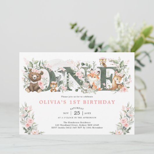 Roze Bloemen Woodland Dieren 1e verjaardag Meisje Kaart (Staand voorkant)