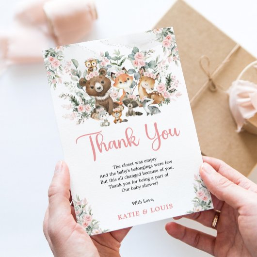 Roze Bloemen Woodland Dieren Groen Baby shower Bedankkaart