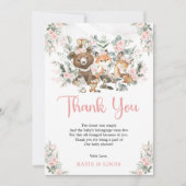 Roze Bloemen Woodland Dieren Groen Baby shower Bedankkaart (Voorkant)