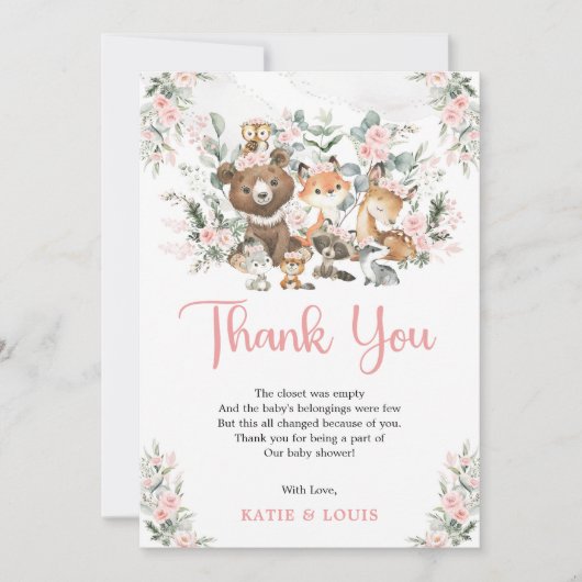 Roze Bloemen Woodland Dieren Groen Baby shower Bedankkaart (Voorkant)