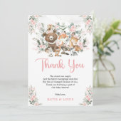 Roze Bloemen Woodland Dieren Groen Baby shower Bedankkaart (Staand voorkant)