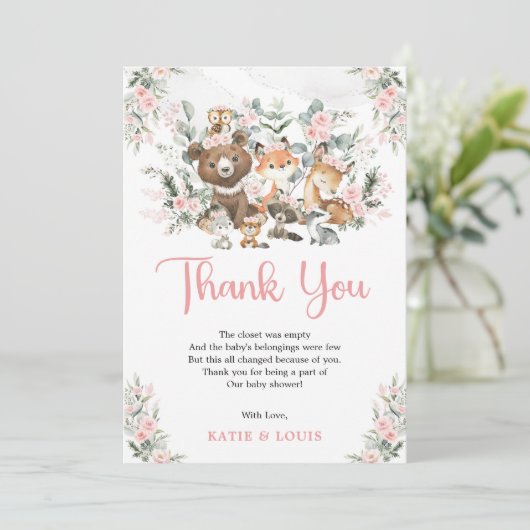 Roze Bloemen Woodland Dieren Groen Baby shower Bedankkaart (Staand voorkant)