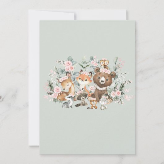 Roze Bloemen Woodland Dieren Groen Baby shower Bedankkaart (Achterkant)