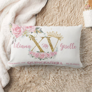Roze Bloemen XV 15 Goud QUINCEAÑERA Quince Keepsak Kussen