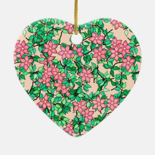 Roze bloemen, zachte perzikachtergrond keramisch ornament (Achterkant)