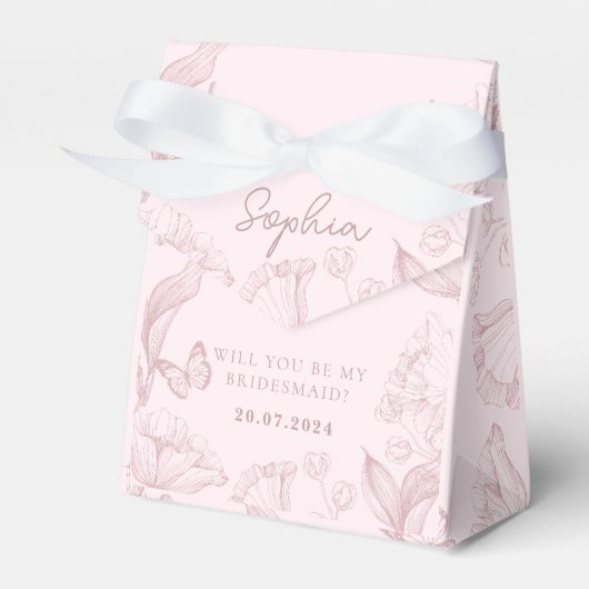 Roze bloemen zal je mijn bruidsmeisje voorstel bedankdoosjes (Voorkant Zijde)
